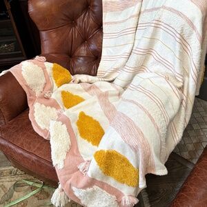 Rachel Zoe Textured Boho Throw Blanket 50x65 Cotton Tassels Pink Cream Mustard